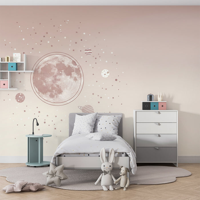 Papel de parede para quarto de bebé | Universo estrelado com lua e planetas pastel