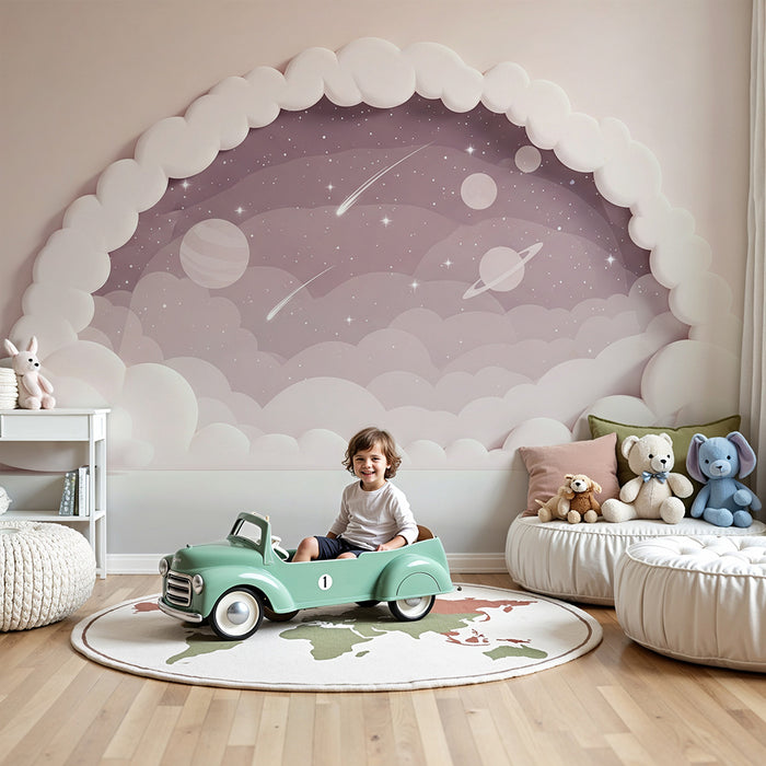 Papier peint chambre bébé | Univers étoilé avec nuages doux
