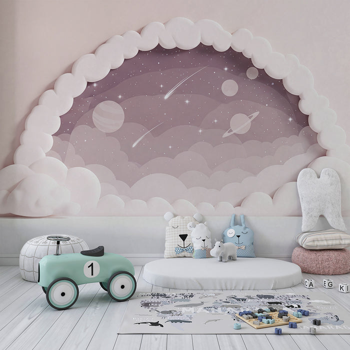Papier peint chambre bébé | Univers étoilé avec nuages doux