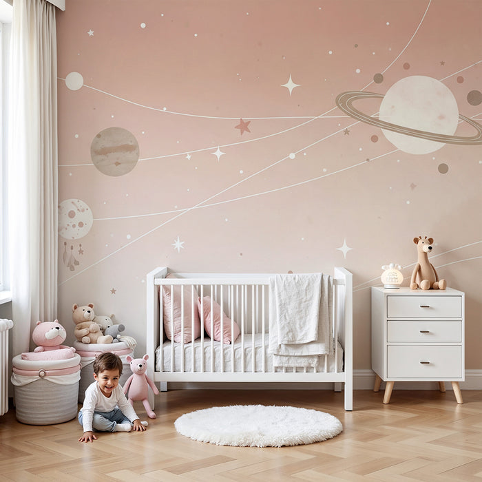 Papier peint chambre bébé | Univers étoilé avec planètes et étoiles scintillantes