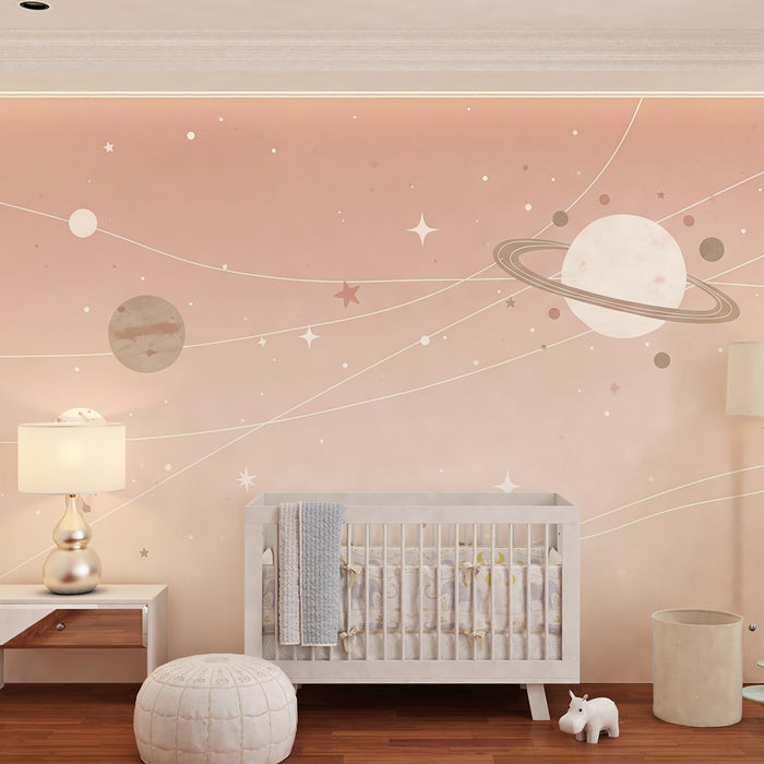 Papier peint chambre bébé | Univers étoilé avec planètes et étoiles scintillantes