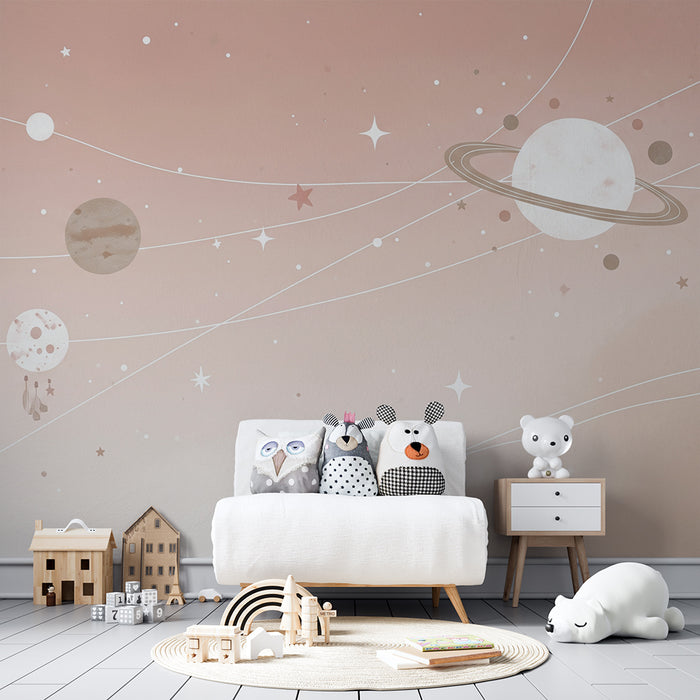 Papier peint chambre bébé | Univers étoilé avec planètes et étoiles scintillantes