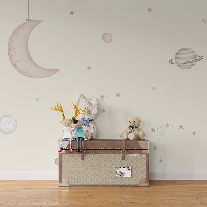 Papel de parede para quarto de bebé | Universo estrelado com planetas e lua suave