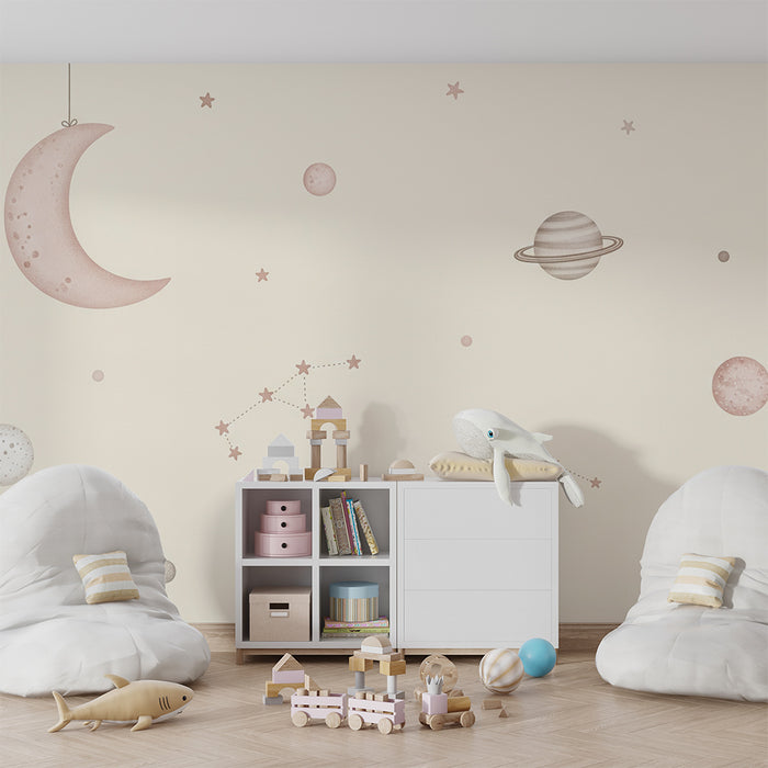 Papel de parede para quarto de bebé | Universo estrelado com planetas e lua suave