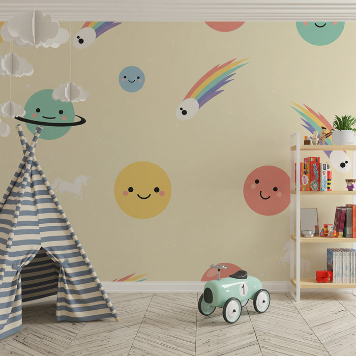 Babykamer behang | Vrolijk universum met kleurrijke planeten en eenhoorns