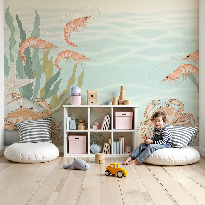 Papier peint chambre bébé | Univers marin avec crevettes et crabes colorés