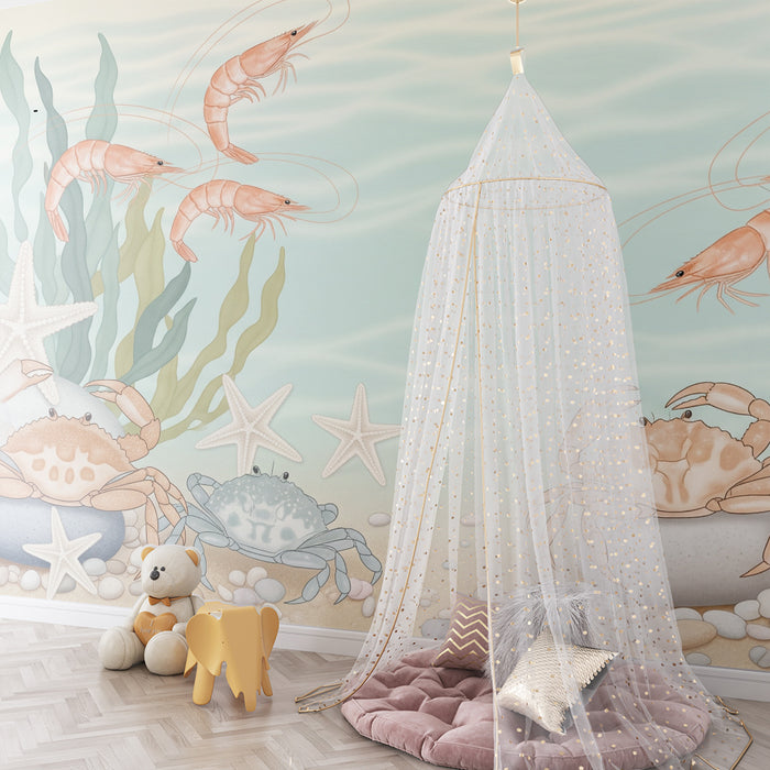 Papier peint chambre bébé | Univers marin avec crevettes et crabes colorés