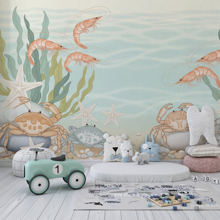Papier peint chambre bébé | Univers marin avec crevettes et crabes colorés