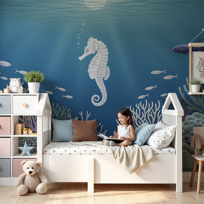 Tapete fürs Babyzimmer | Meereswelt mit Seepferdchen und bunten Korallen