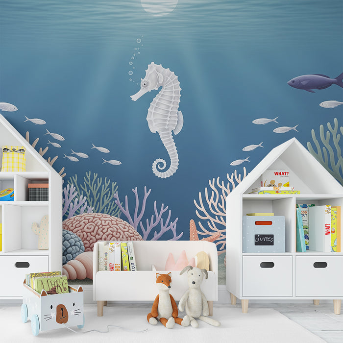 Tapete fürs Babyzimmer | Meereswelt mit Seepferdchen und bunten Korallen