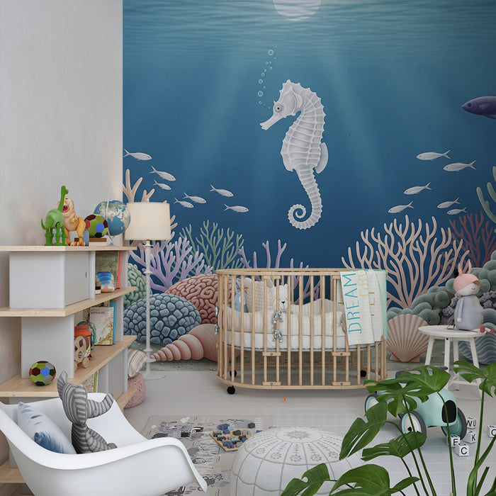 Tapete fürs Babyzimmer | Meereswelt mit Seepferdchen und bunten Korallen