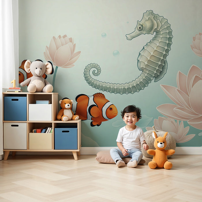 Papel de parede para quarto de bebé | Tema marinho com cavalo-marinho e peixes-palhaço