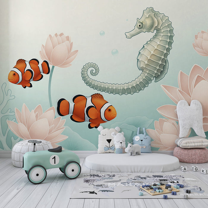 Papel de parede para quarto de bebé | Tema marinho com cavalo-marinho e peixes-palhaço