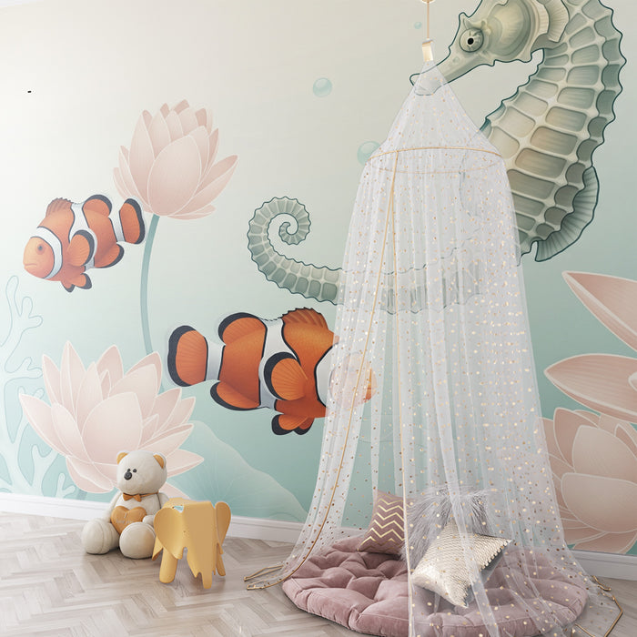 Papel de parede para quarto de bebé | Tema marinho com cavalo-marinho e peixes-palhaço