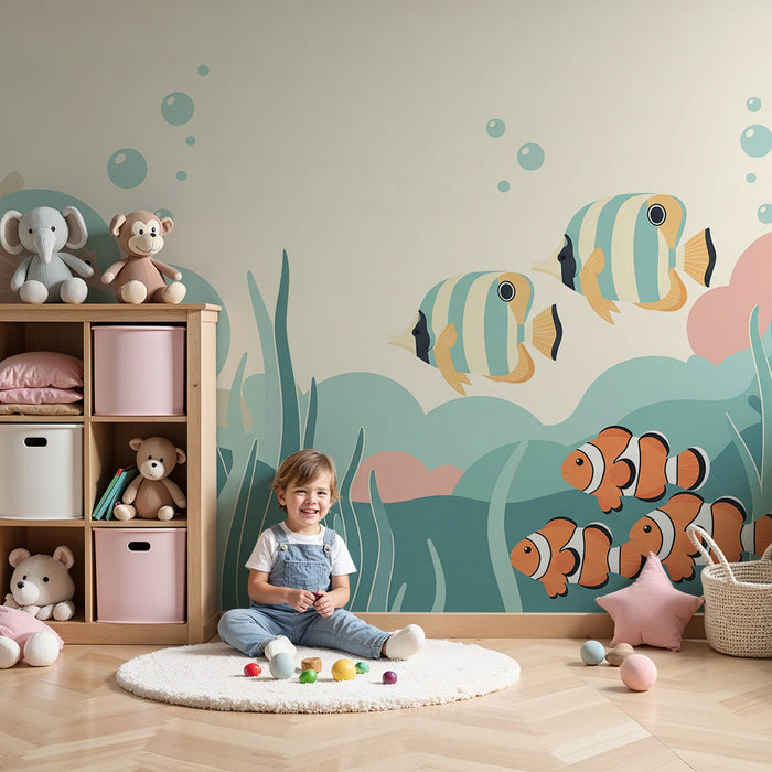 Papel de parede para quarto de bebé | Tema marinho com cavalo-marinho e peixes tropicais coloridos