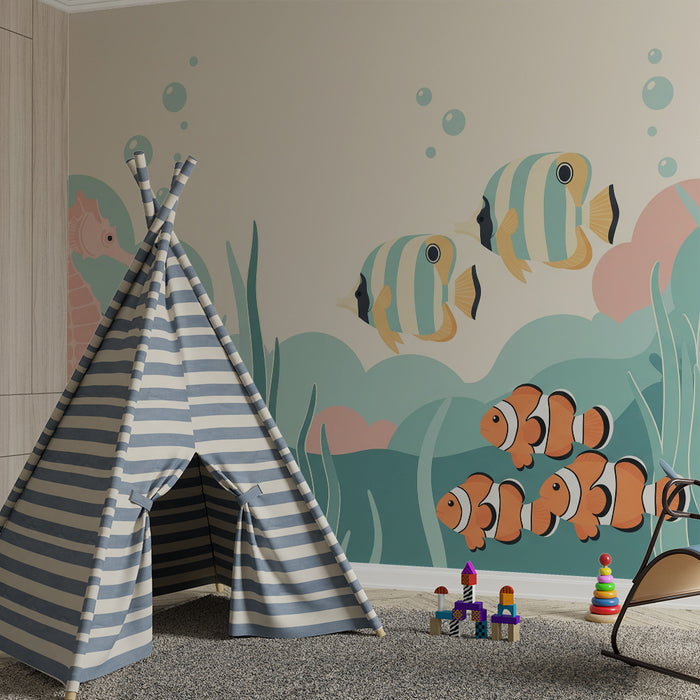 Papel de parede para quarto de bebé | Tema marinho com cavalo-marinho e peixes tropicais coloridos