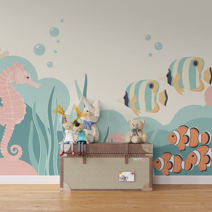 Papel de parede para quarto de bebé | Tema marinho com cavalo-marinho e peixes tropicais coloridos