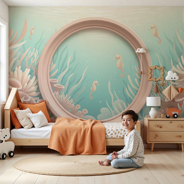 Papier peint chambre bébé | Univers marin avec hippocampes et coraux doux