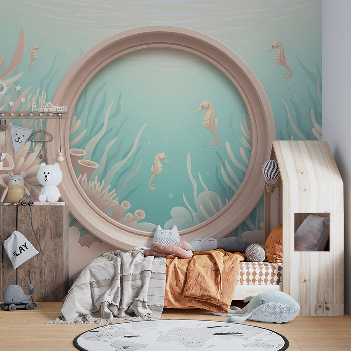 Papier peint chambre bébé | Univers marin avec hippocampes et coraux doux