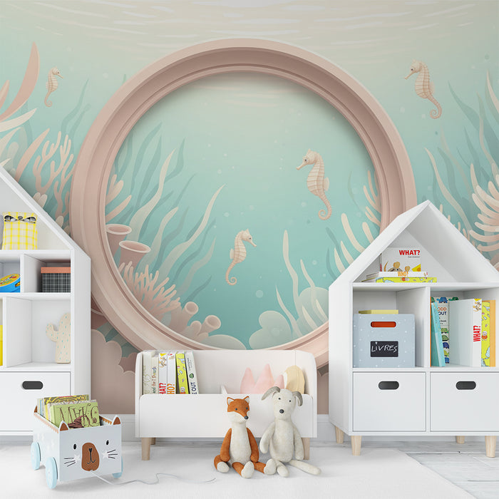 Papier peint chambre bébé | Univers marin avec hippocampes et coraux doux