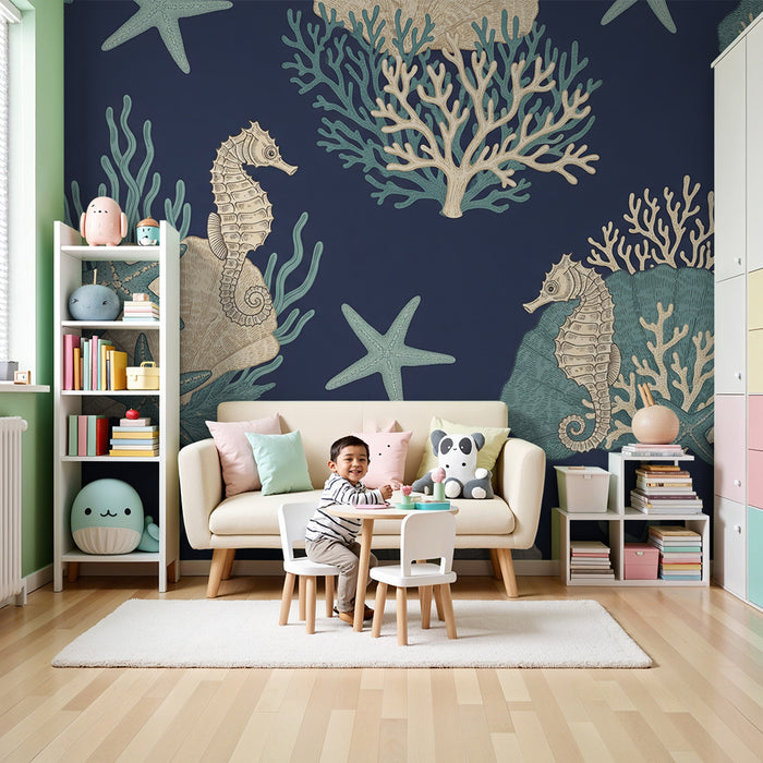Papier peint chambre bébé | Univers marin avec hippocampes et coraux sur fond bleu nuit