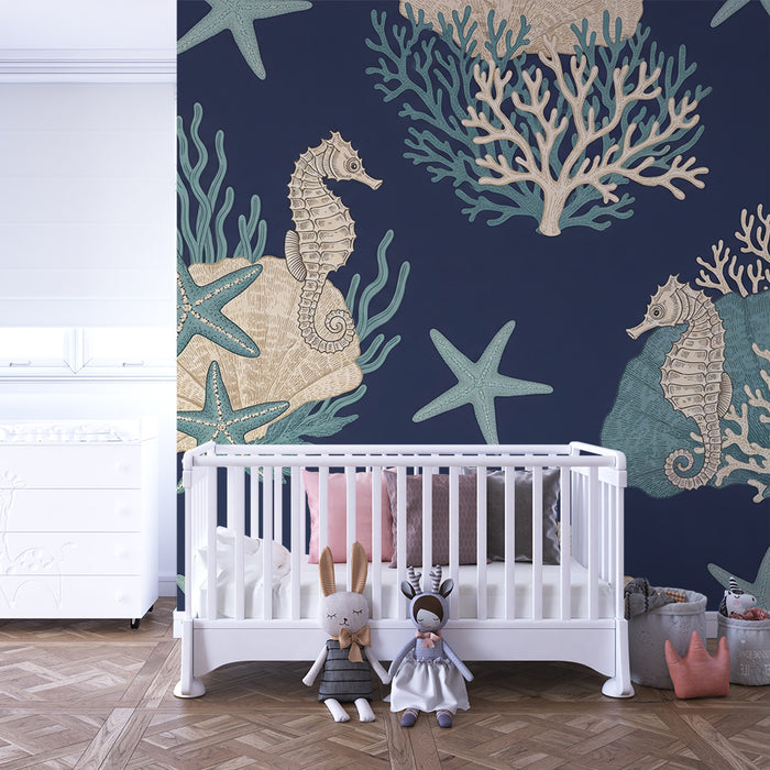 Papier peint chambre bébé | Univers marin avec hippocampes et coraux sur fond bleu nuit