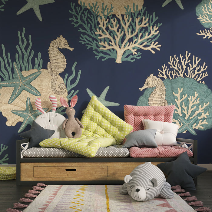 Papier peint chambre bébé | Univers marin avec hippocampes et coraux sur fond bleu nuit