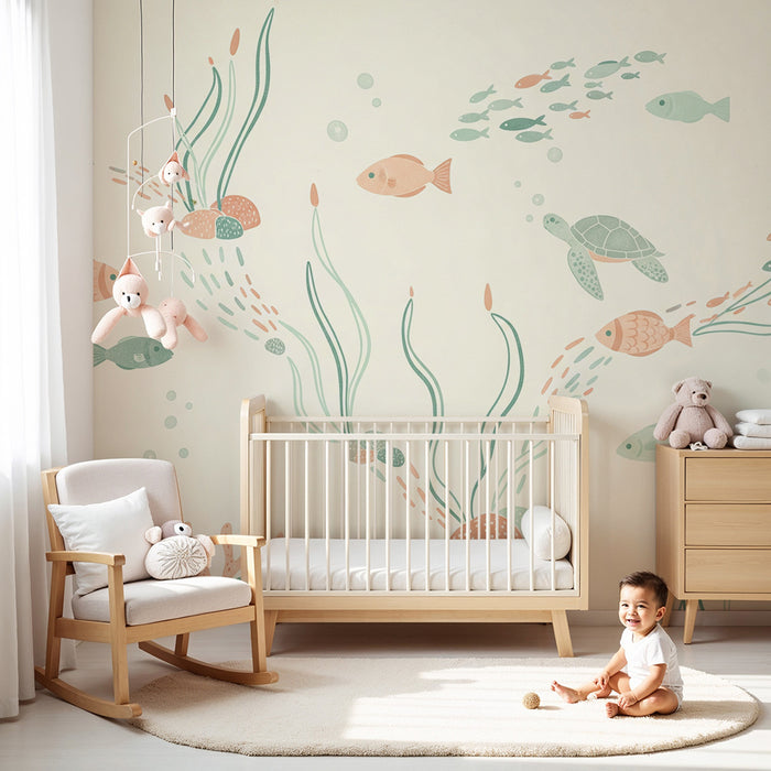 Papel de parede para quarto de bebé | Universo marinho com peixes e tartarugas coloridos