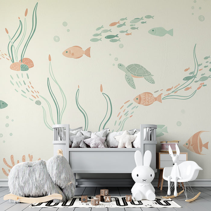 Papel de parede para quarto de bebé | Universo marinho com peixes e tartarugas coloridos