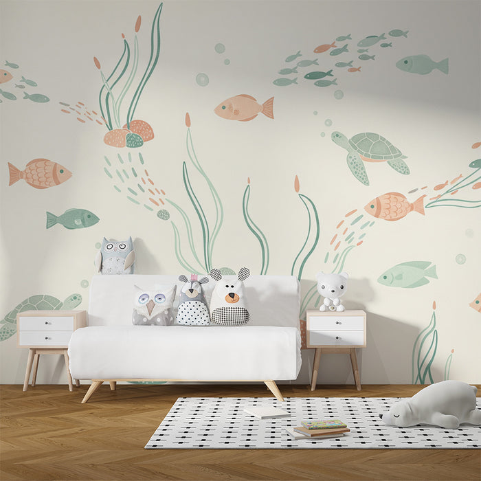 Papel de parede para quarto de bebé | Universo marinho com peixes e tartarugas coloridos