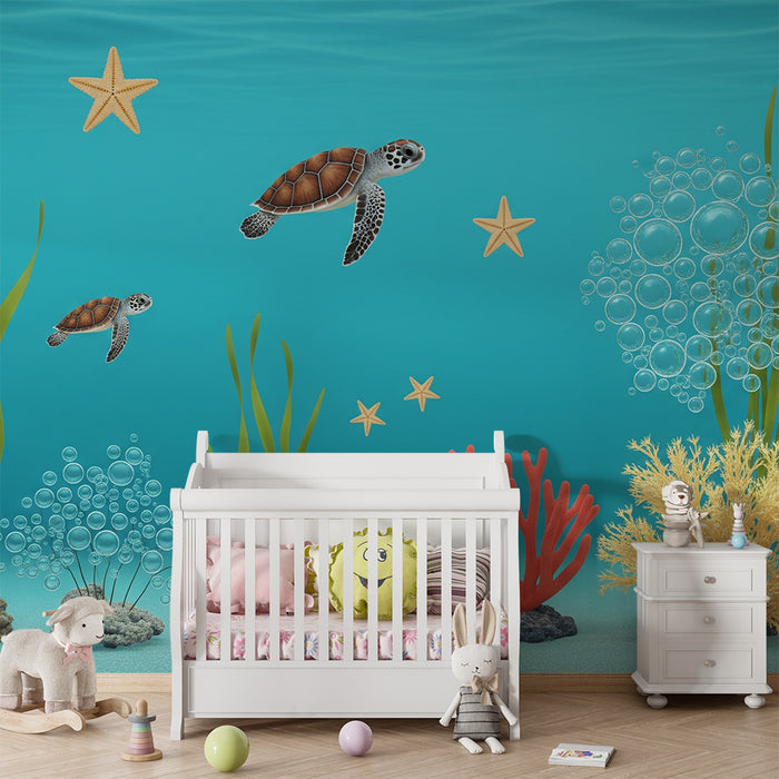 Papel pintado para habitación infantil | Universo marino con tortugas y corales de colores