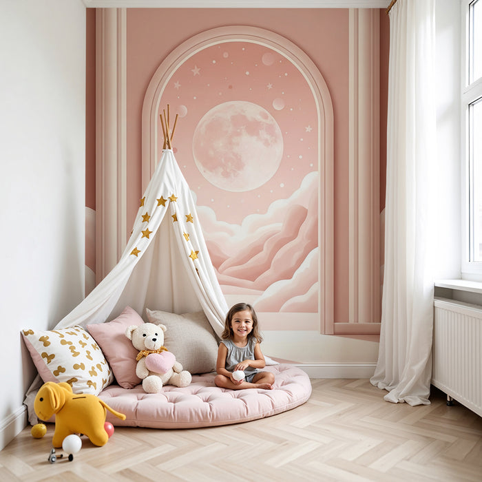 Papier peint chambre bébé | Univers onirique avec nuages et lune