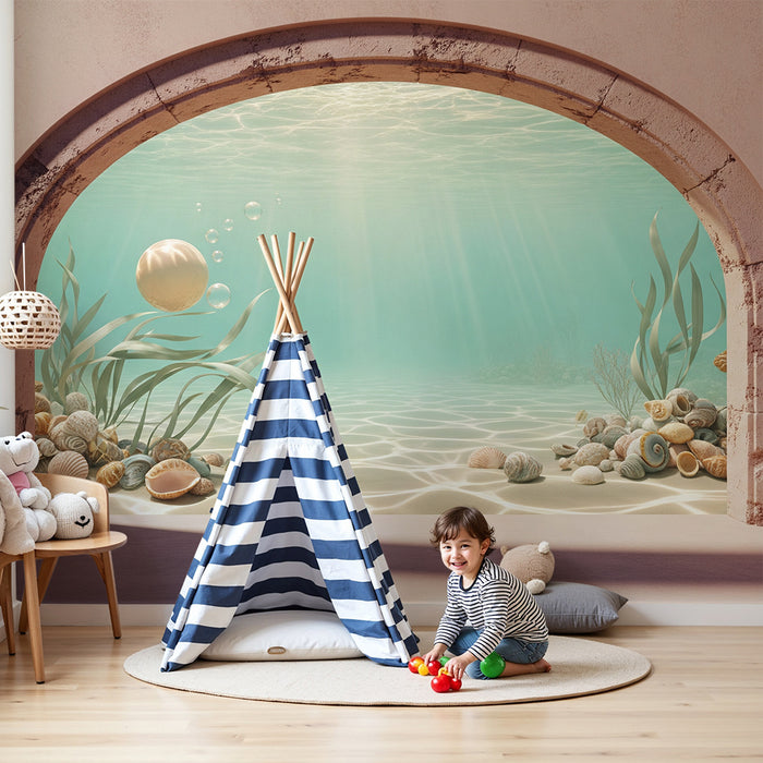 Papier peint chambre bébé | Univers sous-marin apaisant avec coquillages et algues