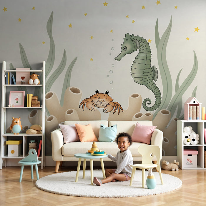 Papel pintado infantil | Universo submarino con caballito de mar y cangrejo