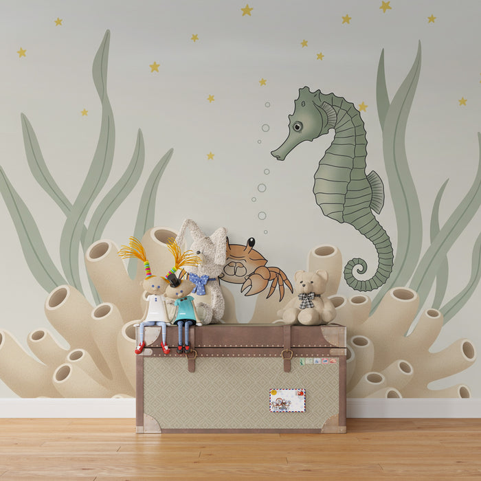 Papel pintado infantil | Universo submarino con caballito de mar y cangrejo