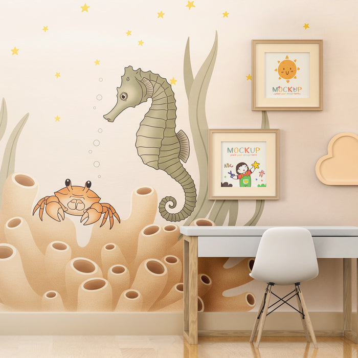 Papel pintado infantil | Universo submarino con caballito de mar y cangrejo