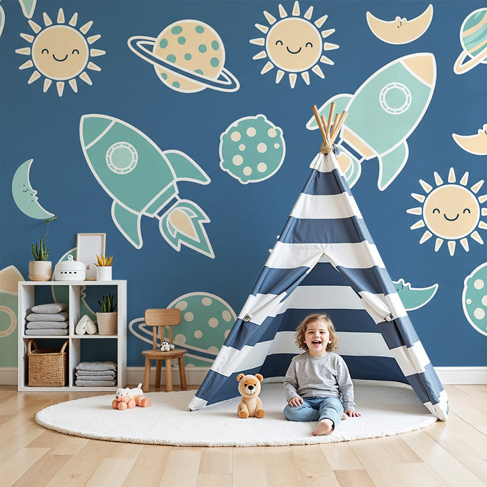 Papel de parede quarto bebê | Vesolje s kozmičnimi raketi, planeti in nasmejanimi zvezdami