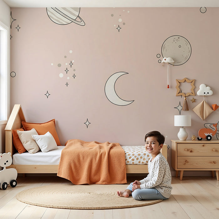 Papier peint chambre bébé | Univers spatial avec planètes et étoiles scintillantes