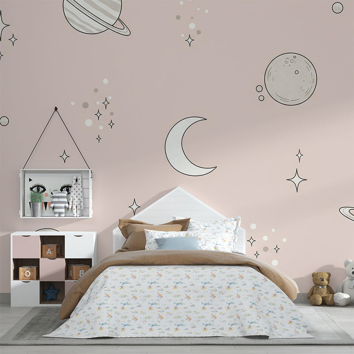 Papier peint chambre bébé | Univers spatial avec planètes et étoiles scintillantes