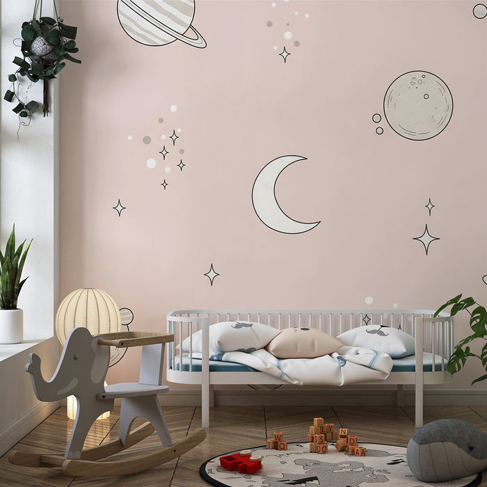 Papier peint chambre bébé | Univers spatial avec planètes et étoiles scintillantes