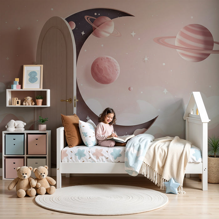 Papier peint chambre bébé | Univers spatial avec planètes et lune rose