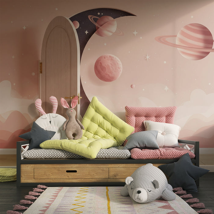 Papier peint chambre bébé | Univers spatial avec planètes et lune rose