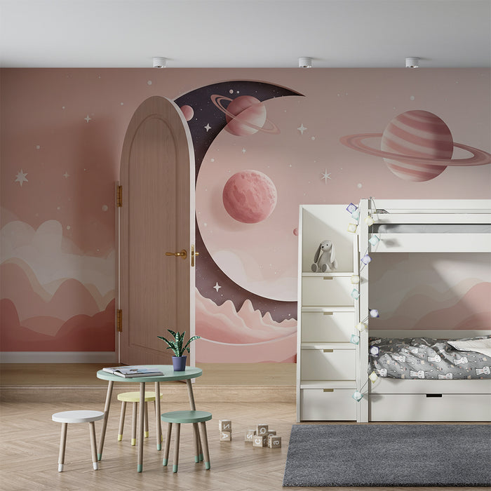 Papier peint chambre bébé | Univers spatial avec planètes et lune rose