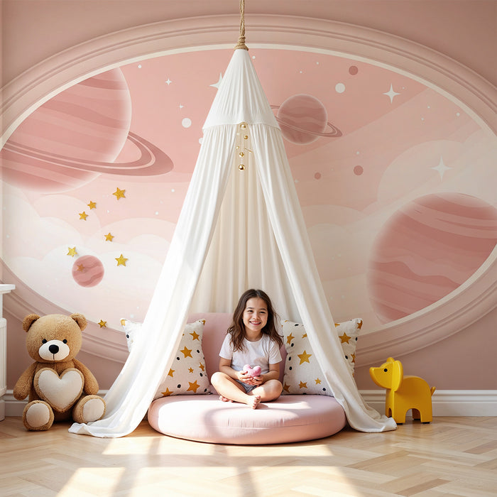 Papier peint chambre bébé | Univers spatial doux au milieu des planètes et étoiles