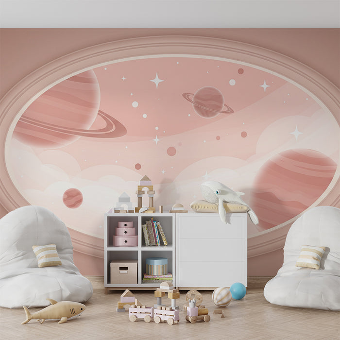 Papier peint chambre bébé | Univers spatial doux au milieu des planètes et étoiles