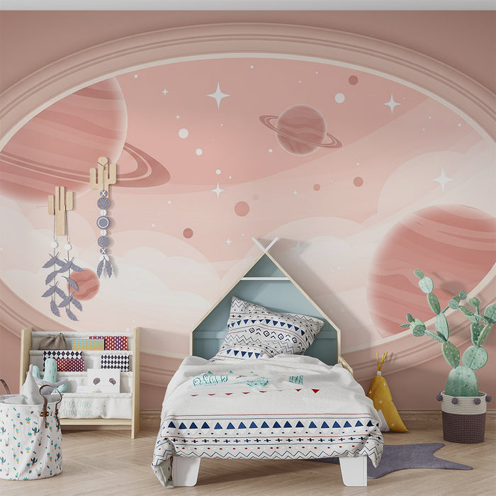 Papier peint chambre bébé | Univers spatial doux au milieu des planètes et étoiles