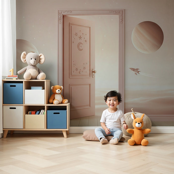 Papier peint chambre bébé | Univers spatial doux avec planètes et fusée
