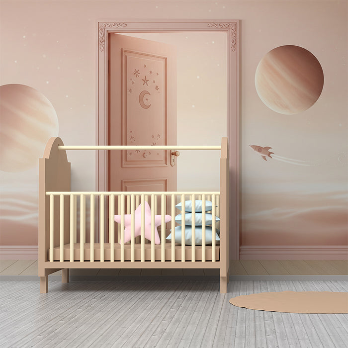 Papier peint chambre bébé | Univers spatial doux avec planètes et fusée
