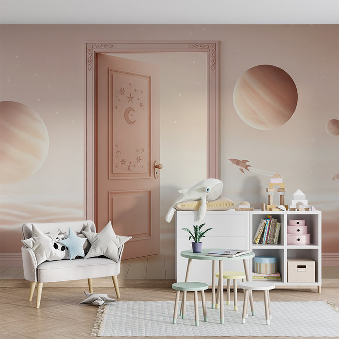 Papier peint chambre bébé | Univers spatial doux avec planètes et fusée