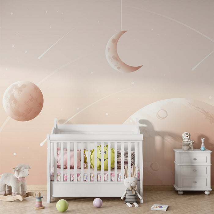 Papel de parede para quarto de bebé | Universo espacial suave com planetas e lua